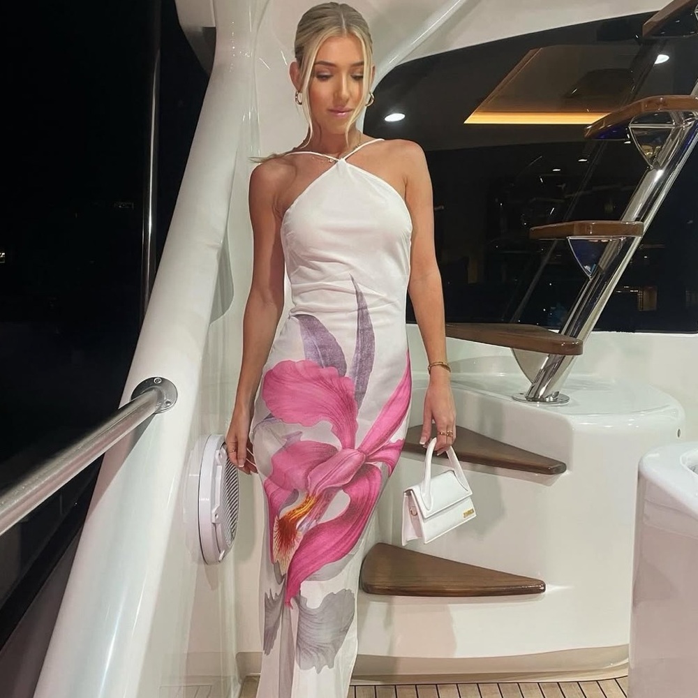 Peppermayo White Maxi Dress with Pink Floral Design